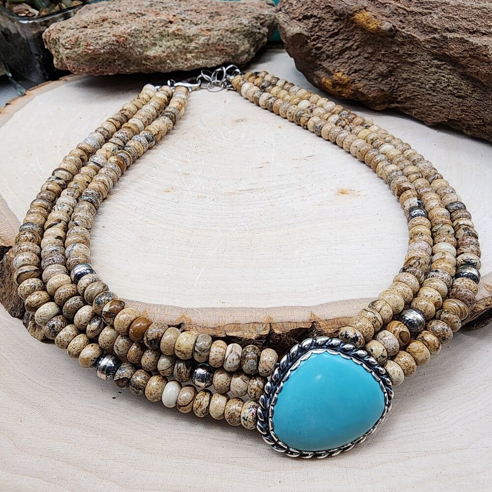 Carolyn Pollack Turquoise Cabochon Three Strand 6mm Jasper 17" Necklace/ Choker